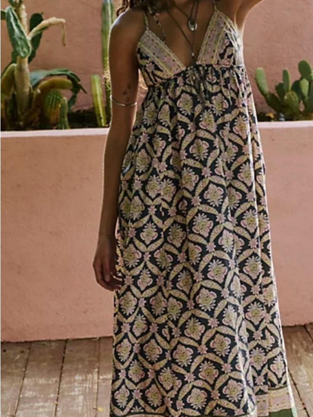 Free People Black and Cream Patterned V-Neck Maxi Dress